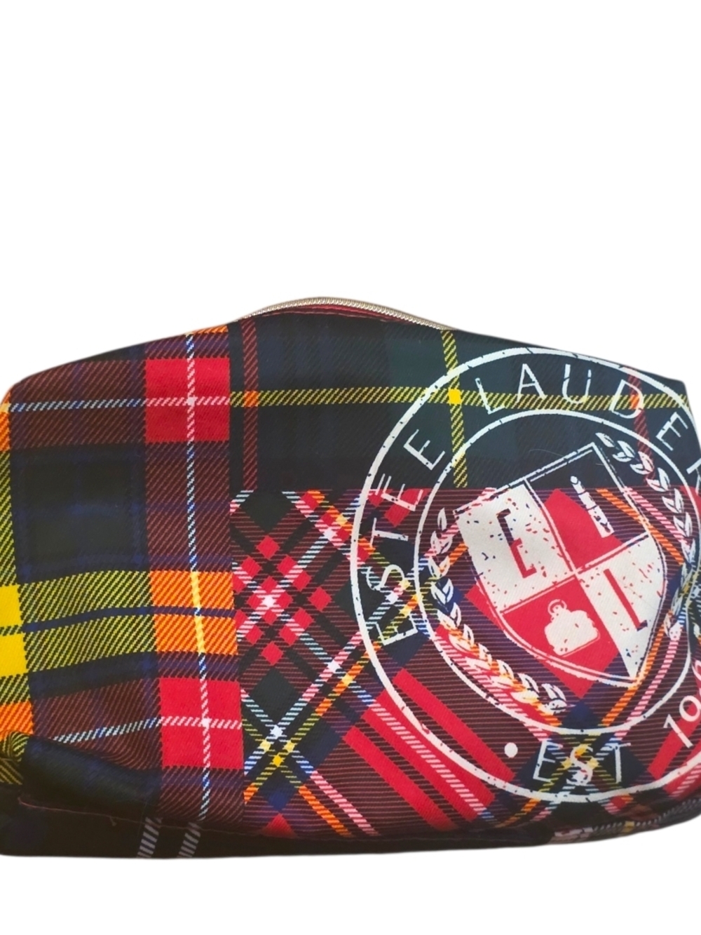 Estee Lauder Plaid Preppy Lined Cosmetic Pouch with Gold Zipper Trim